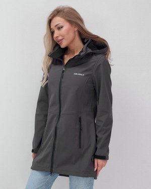 Парка спортивная женская с капюшоном softshell темно-серого цвета 9568TC