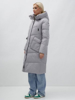 Пальто утепленное стеганное зимнее с капюшоном женское серого цвета 9639Sr