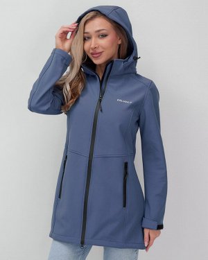 Парка спортивная женская с капюшоном softshell синего цвета 9568S