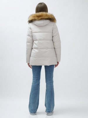 Куртка женская зимняя с мехом енот премиум класса бежевого цвета 3322_1B