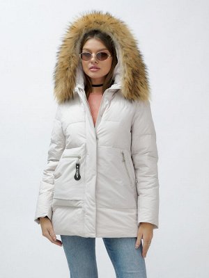 Куртка женская зимняя с мехом енот премиум класса бежевого цвета 3322_1B