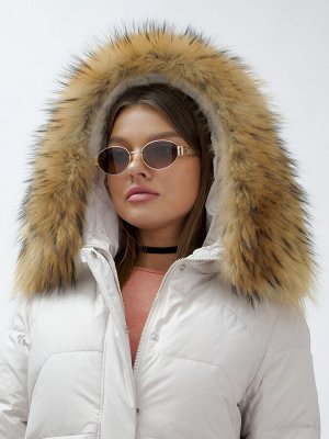 Куртка женская зимняя с мехом енот премиум класса бежевого цвета 3322_1B