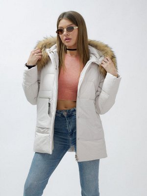 Куртка женская зимняя с мехом енот премиум класса бежевого цвета 3322_1B