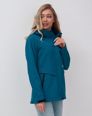 Ветровка спортивная женская с капюшоном softshell синего цвета 9566S