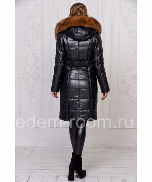 Женское пальто из экокожи с меховым капюшономАртикул: RS-1386-2-P