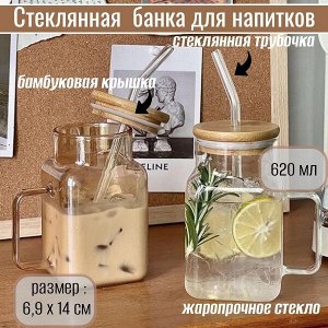 Стеклянная банка с бамбуковой крышкой и стеклянной трубочкой 620 мл