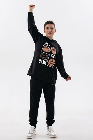 Костюм Варианты расцветки: черный
Ткань:  футер 2-х нитка, Состав: 95% хлопок/ 5% полиэстер
Костюм свободного кроя выполнен из футера 2-х нитки. Состоит из толстовки и брюк.  Толстовка с манжетами и п