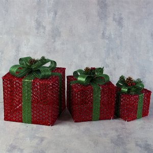 Светодиодная фигура «Подарки с зелёной лентой» 15, 20, 25 см, текстиль, металл, 220 В, свечение тёплое белое