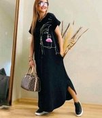 Платье длинное в стиле бохо с принтом, черный