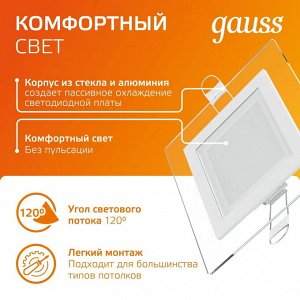 Встраиваемый светодиодный светильник 6W 3000K с декоративным стеклом, квадрат