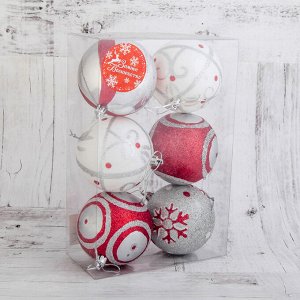 Набор шаров пластик d-8 см, 6 шт "Новогодние рисунки" красно-белый