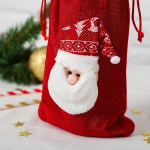 Чехол на бутылку «Дед Мороз колпак с рисунком» на завязках