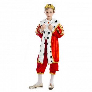 Карнавальный костюм "Король", бархат, рубашка, брюки, мантия, корона, р-р М, рост 134 см