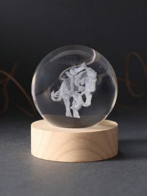 Световая фигурка стекло «Шар. Голограмма: Конь», d=6 см, подставка дерево, USB
