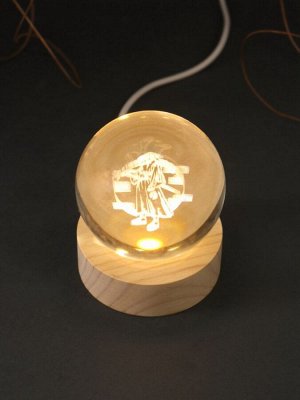 Световая фигурка стекло «Шар. Голограмма: Самурай», d=6 см, подставка дерево, USB