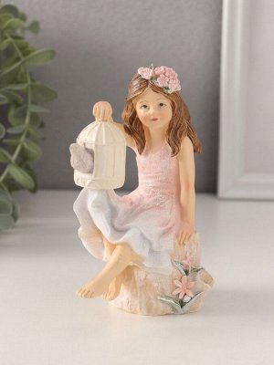 Фигурка полистоун «Девочка с клеткой и птицей, на камне», 9x6.5x12.5 см