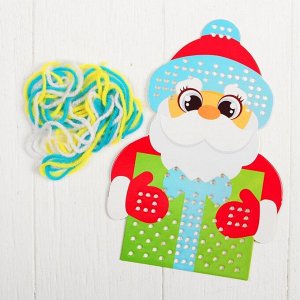 Новогодняя вышивка пряжей «Дед Мороз» на картоне