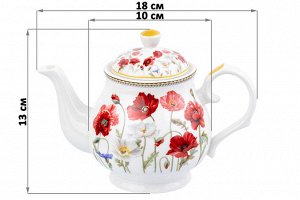 Чайник 380 мл "Маки" из костяного фарфора NEW BONE CHINA, размеры 17x10x12 см