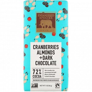 Endangered Species Chocolate, Натуральный темный шоколад с клюквой и миндалем, 3 унц. (85 г)