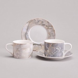 Чайный набор из фарфора LEFARD "Top Style Marble Gold" на 2 персоны (4 предмета, 250 мл) — современный дизайн, мрамор и золото, в подарочной коробке, 1 шт.