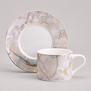 Чайный набор из фарфора LEFARD "Top Style Marble Gold" на 2 персоны (4 предмета, 250 мл) — современный дизайн, мрамор и золото, в подарочной коробке, 1 шт.