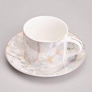 Чайный набор из фарфора LEFARD "Top Style Marble Gold" на 2 персоны (4 предмета, 250 мл) — современный дизайн, мрамор и золото, в подарочной коробке, 1 шт.