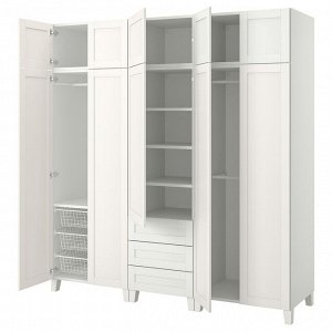 PLATSA, шкаф-купе с 10 дверцами + 3 выдвижными ящиками, белый/ SANNIDAL white, 220x57x231 см