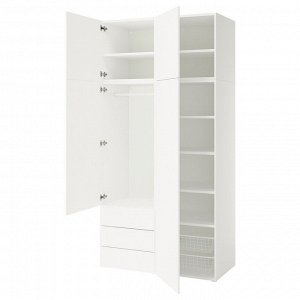 PLATSA, шкаф-купе с 4 дверцами + 3 выдвижными ящиками, белый/Fonnes white, 120x57x241 см