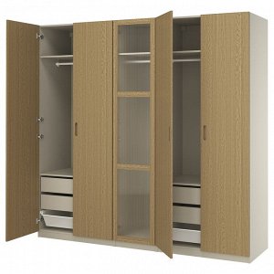 PAX / TONSTAD, комбинированный шкаф, серо-бежевый/стекло из дубового шпона, 250x60x236 см