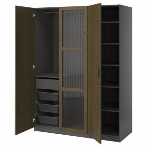 PAX / TONSTAD, комбинированный шкаф-купе, темно-серо-коричневый / стекло из витражного дубового шпона, 150x60x201 см