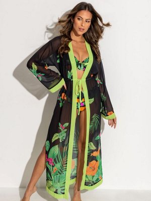 Пляжное кимоно Pour Moi Black Floral Print из шифона Maxi