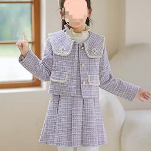 Твидовый костюм: юбка в складочку+ пиджак, фиолетовый