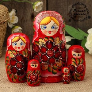 Матрёшка «Золотые цветы», красный платок, 5 кукольная, 15 см, люкс