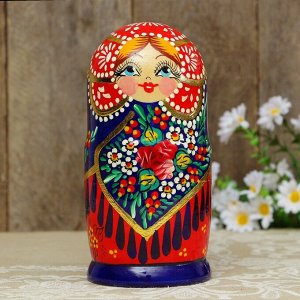 Матрёшка «Красные цветы», синий  платок с рюшами, 5 кукольная, люкс