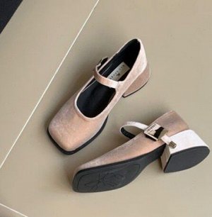 Туфли из иск.замши на толстом каблуке с металлической пряжкой, розовые