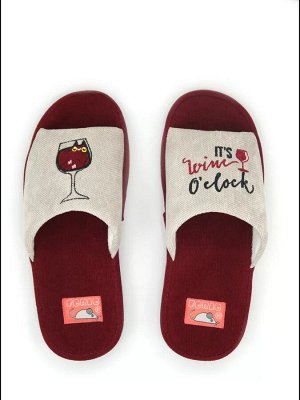 Тапочки женские с вышитым бокалом вина и шутливая надпись it's WINE o'clock