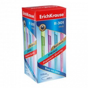 Ручка шариковая ErichKrause R-301 Spring Stick, узел 0.7 мм, чернила синие, длина линии письма 1000