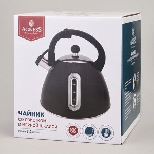 Чайник AGNESS ThermoSteel 3,2 л со свистком и мерной шкалой, капсульное термодно, быстрый нагрев, 1 шт.