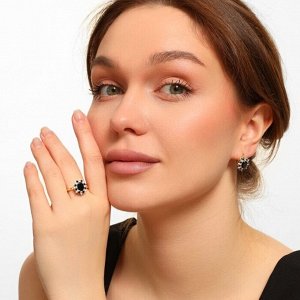 Комплект ювелирной бижутерии Итальянское золото (покрытие желтое 14к), серьги и кольцо 18 р, вставка: фианиты, цвет: прозрачный и черный, арт.216.232-18