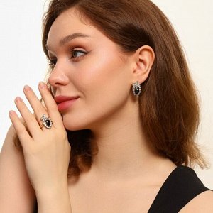 Комплект ювелирной бижутерии Итальянское золото (покрытие желтое 14к), серьги и кольцо 18 р, вставка: фианиты, цвет: прозрачный и черный, арт.217.221-18