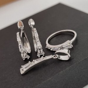 Комплект ювелирной бижутерии, серьги, кулон и кольцо 17 р, покрытие посеребрение, вставка: фианиты, цвет: прозрачный, арт.314.087-17