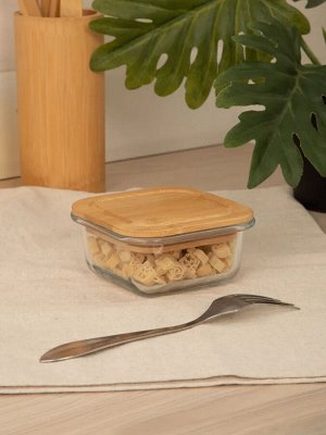 Контейнер для СВЧ 0,32л крадр стекло 11,1*11,1*5,5cм бамбуковая крышка