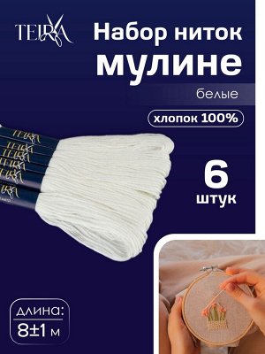 Нитки мулине, 8±1 м, набор 6 шт., хлопок, белые Blanc