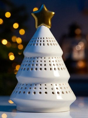 Светодиодная фигура «Ёлка с золотой звездой», 17.5x11x11 см, 1 LED, керамика, от батареек LR44x3 шт., тёплый белый свет