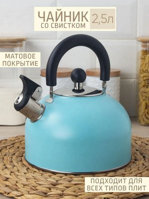 Чайник 2,5л со свистком [КУХНЯ] МАТОВЫЙ ГОЛУБОЙ, индукционное дно