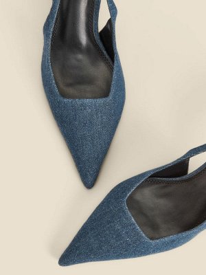 Бренд Sosandar Синие джинсовые туфли Sosandar на каблуке-рюмке с открытой пяткой (Sosandar Blue Denim Kitten Heel Slingback Shoes) Деним: не только для джинсов, гладкий заостренный носок, такой удобны