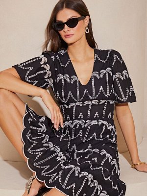 Летнее платье миди Lipsy Broderie с короткими рукавами и вышитыми пальмами
