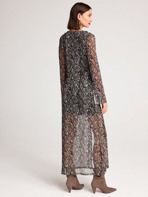 Коричневое платье макси с длинными рукавами и сетчатым оборкой под змеиный принт