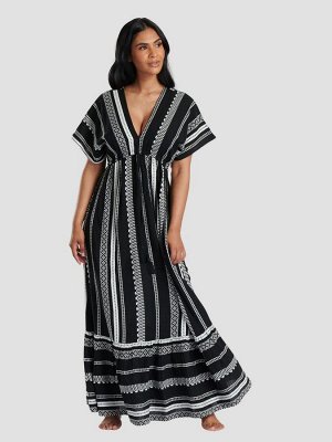 Черное платье макси South Beach из 100% хлопка с вышивкой, жаккардовым узором и V-образным вырезом.