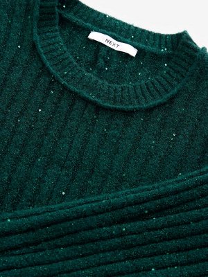Blue Teal Sequin Sparkle - трикотажное мини-платье-джемпер с ребристым кроем и расклешенной отделкой из шерсти